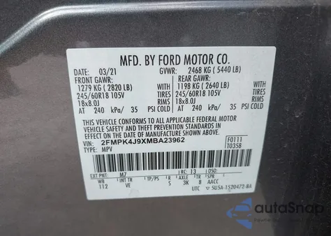 2021 Ford Edge Sel из США, поврежденный, VIN 2FMPK4J9XMBA23962